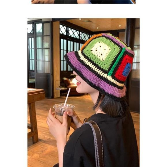 Women\'s Winter Crochet Knitted Floral Bucket  Hat Handmade Plaid, Blue main image 7